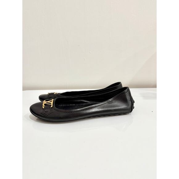 Louis Vuitton Gold Tone LV Leather Ballet Flat Shoes Black Oxford Womens Size 39 - Picture 5 of 7